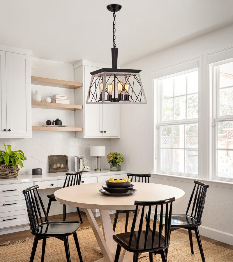 QS Q&S Farmhouse Vintage Chandelier, Rustic Pendant Light,Industrial Hanging Light Fixture for Dining Room Kitchen Island,Wrought Iron,ORB+Oak White 4 Lights E26 UL Listed - Image 3